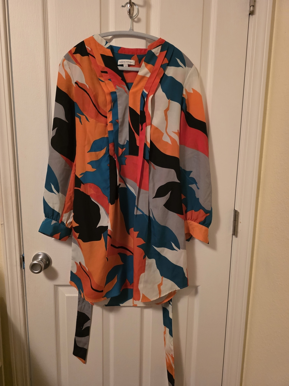 Banana Republic Multicolor Abstract Tie-Neck Tunic - Teal Orange Black